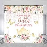 Aperturee Aperturee A Sweet Baby Girl is Brewing Backdrop Custom Tea Party Baby Shower Rose Gold Floral and Butterfly Banner